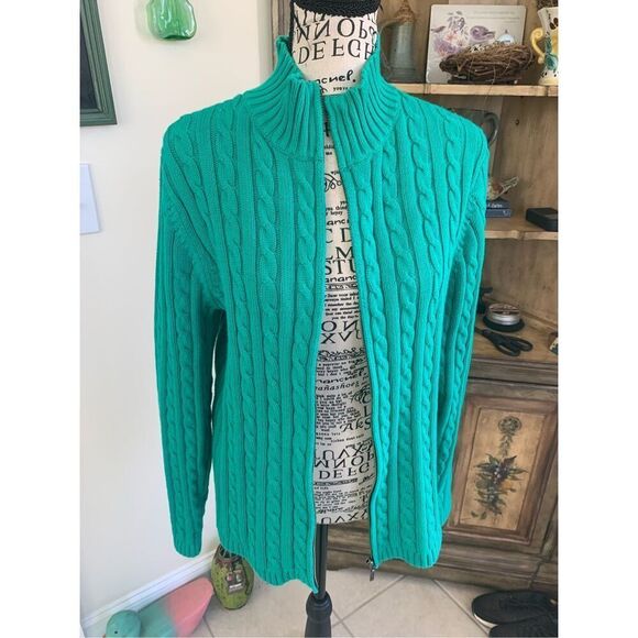 LL Bean Sweater Large Green Cable Knit Full Zip Cardigan - Picture 5 of 7
